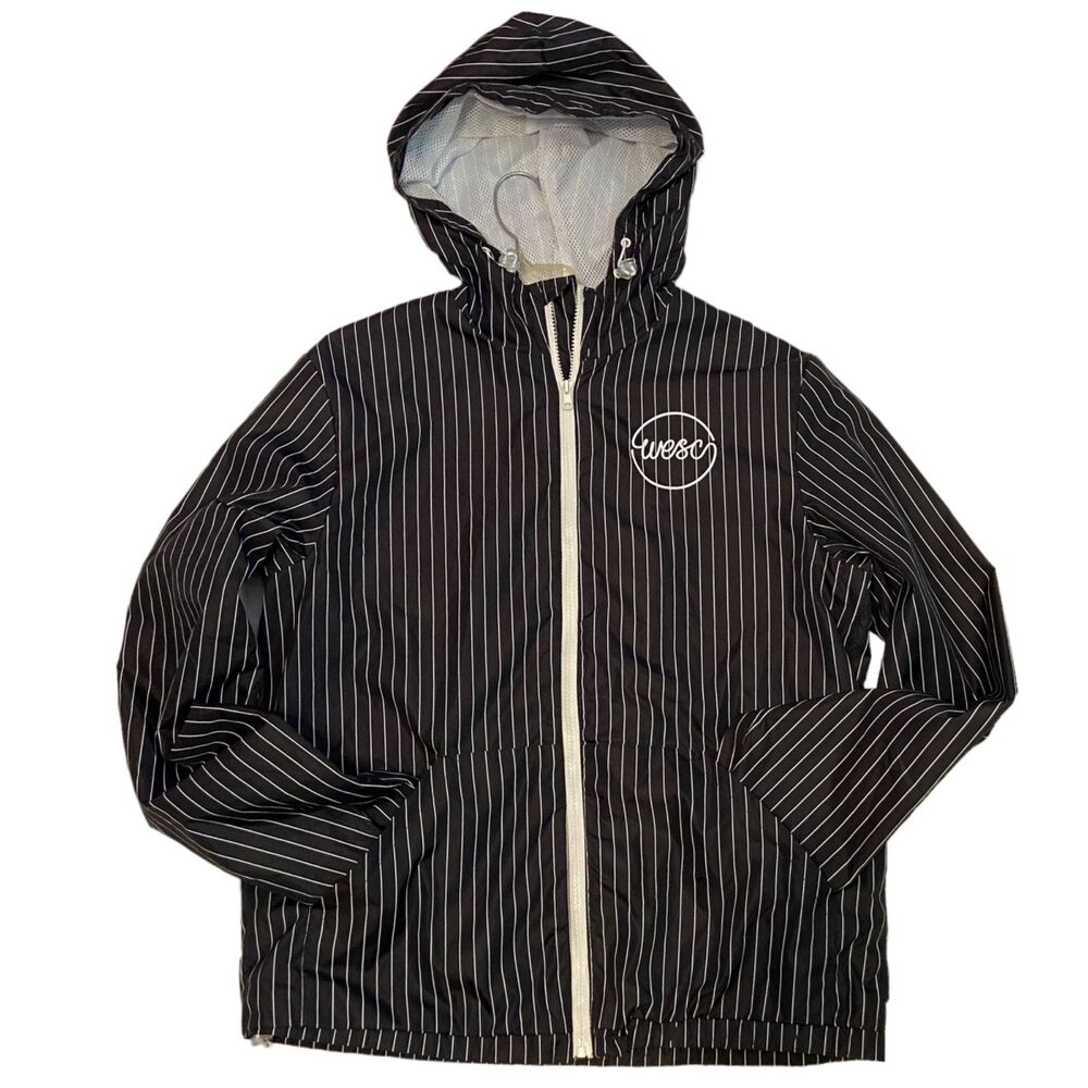 #5677 WESC Logo Zip up hood Mens Black and White Striped Wind Breaker Size M